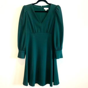 Calvin Klein Green Scuba Crepe V Neck Long Sleeve A Line Knee Length Dress 10